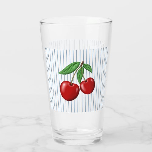 Red Cherries on Blue Stripes Graphic Pattern Glass