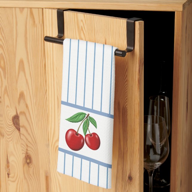 Red Cherries on Blue Stripes Graphic Pattern Kitchen Towel (Thirds Fold)
