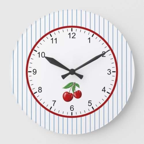 Red Cherries on Blue Stripes Graphic Pattern Large Clock