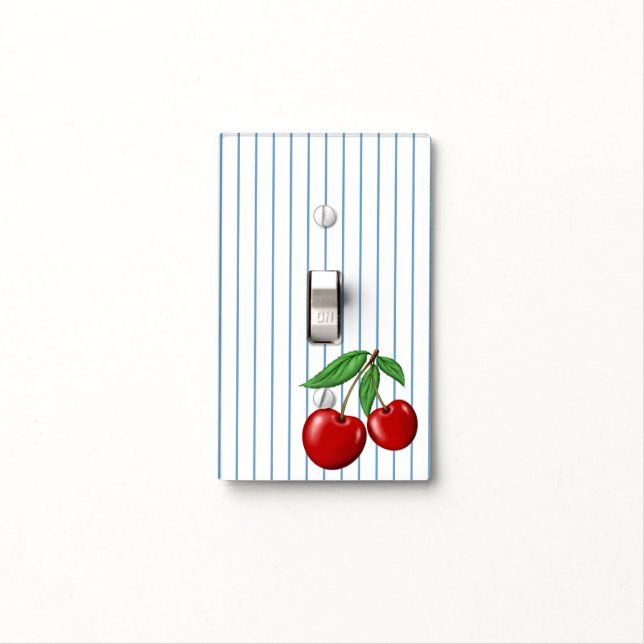 Red Cherries on Blue Stripes Graphic Pattern Light Switch Cover (In Situ)