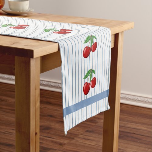 Red Cherries on Blue Stripes Graphic Pattern Long Table Runner