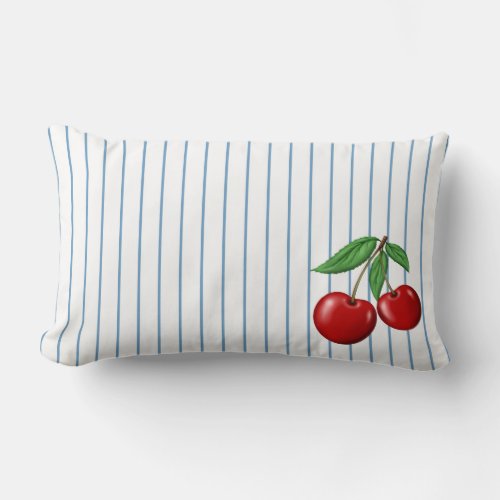 Red Cherries on Blue Stripes Graphic Pattern Lumbar Pillow