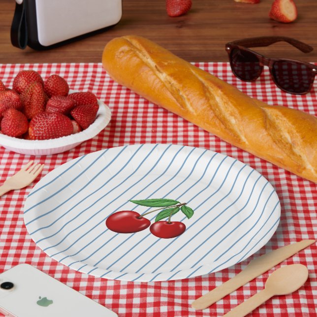 Red Cherries on Blue Stripes Graphic Pattern Paper Plates (Picnic)