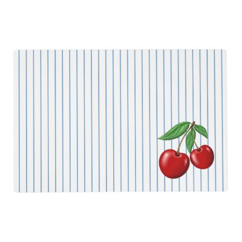 Red Cherries on Blue Stripes Graphic Pattern Placemat