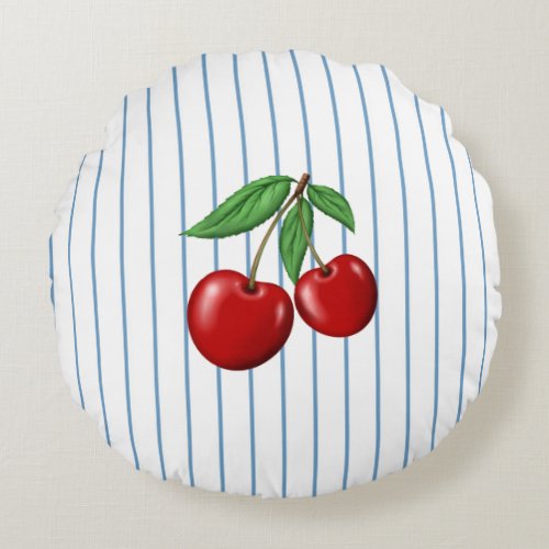 Red Cherries on Blue Stripes Graphic Pattern Round Pillow