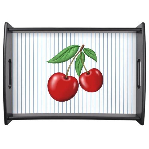 Red Cherries on Blue Stripes Graphic Pattern Serving Tray