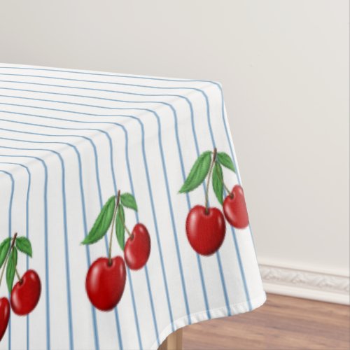 Red Cherries on Blue Stripes Graphic Pattern Tablecloth