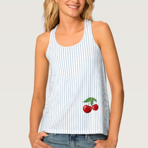 Red Cherries on Blue Stripes Graphic Pattern Tank Top