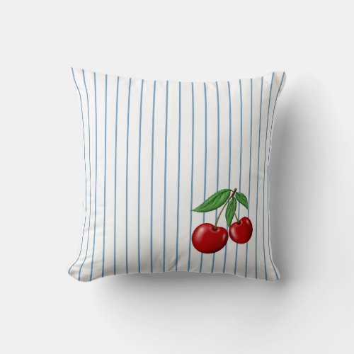 Red Cherries on Blue Stripes Graphic Pattern Throw Pillow
