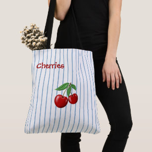 Red Cherries on Blue Stripes Graphic Pattern Tote Bag