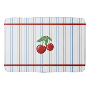 Red Cherries on Blue Stripes Pattern Bath Mat