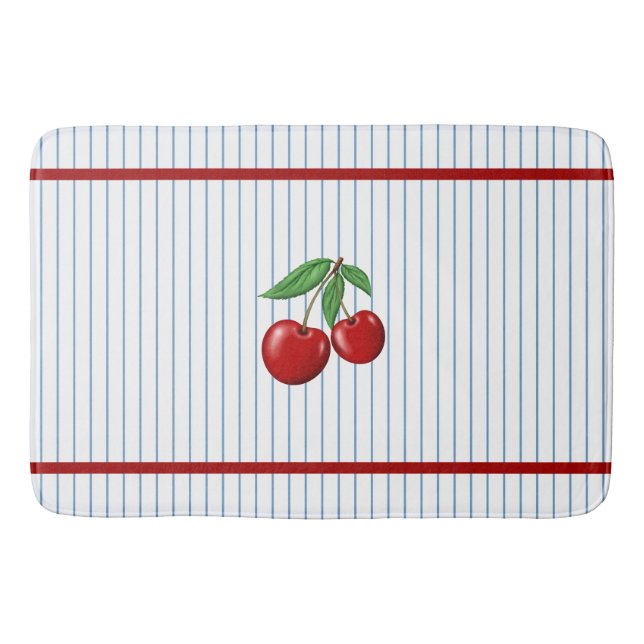 Red Cherries on Blue Stripes Pattern Bath Mat (Front)