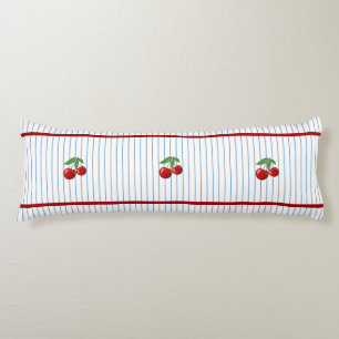 Red Cherries on Blue Stripes Pattern Body Pillow