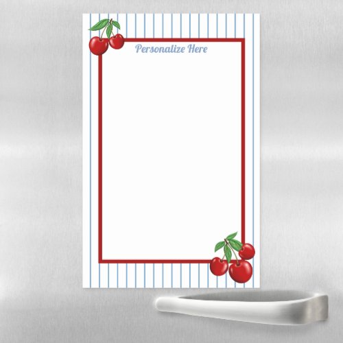 Red Cherries on Blue Stripes Pattern Personalized Magnetic Dry Erase Sheet