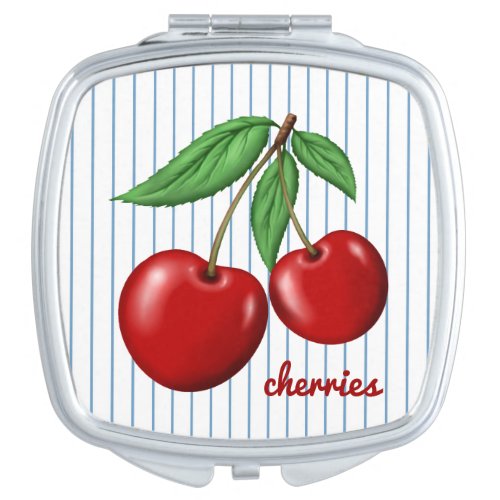 Red Cherries on Blue Stripes Personalized Compact Mirror