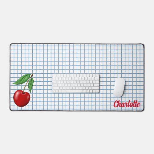 Red Cherries on Blue Stripes Personalized Desk Mat