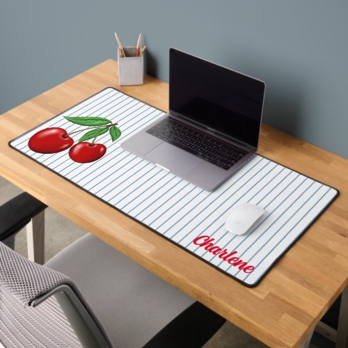 Red Cherries on Blue Stripes Personalized Desk Mat