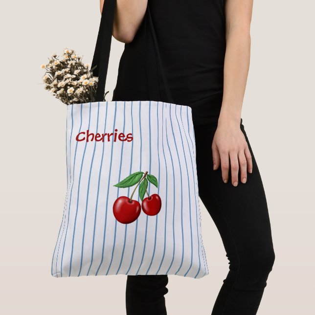 Red Cherries on Blue Stripes Personalized Tote Bag (Close Up)