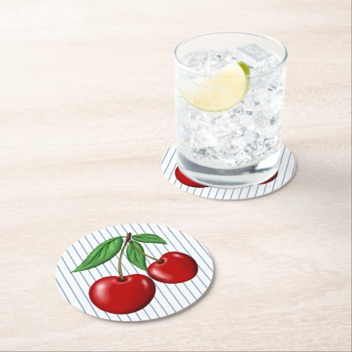 Red Cherries on Blue Stripes Retro Style Round Paper Coaster