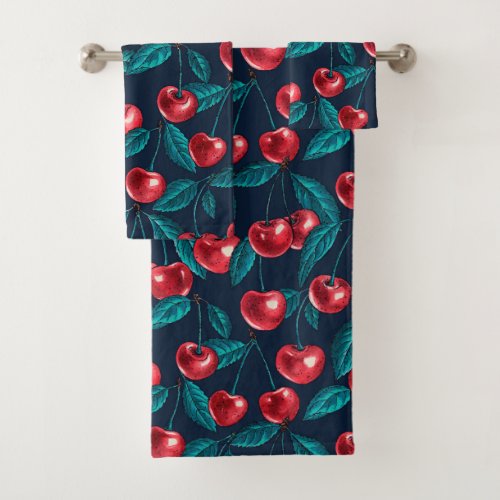 Red cherries on dark blue bath towel set