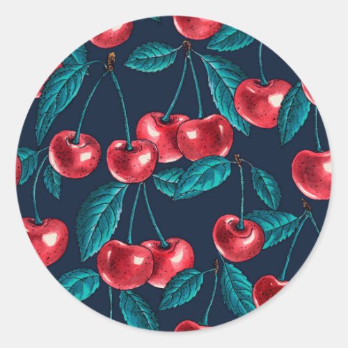 Red cherries on dark blue classic round sticker