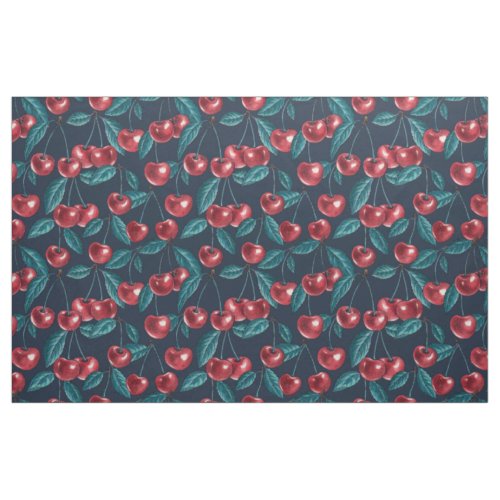 Red cherries on dark blue fabric