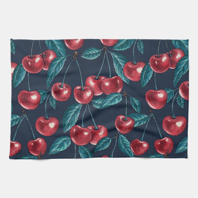Red cherries on dark blue kitchen towel (Horizontal)