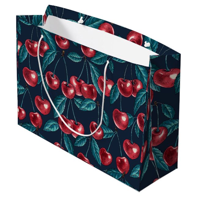 Red cherries on dark blue large gift bag (Back Angled)