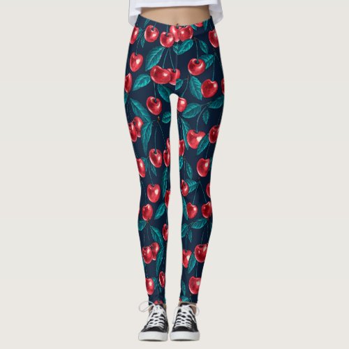 Red cherries on dark blue leggings