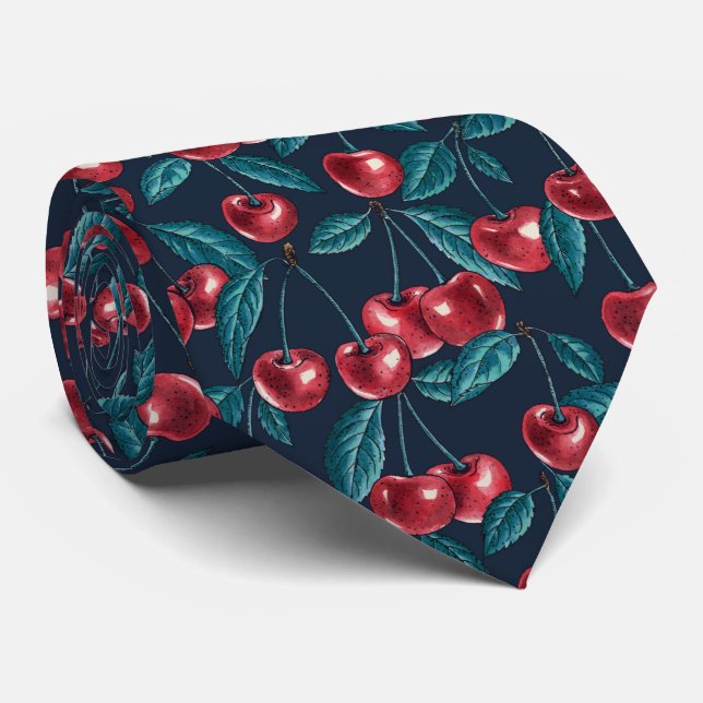 Red cherries on dark blue neck tie (Rolled)