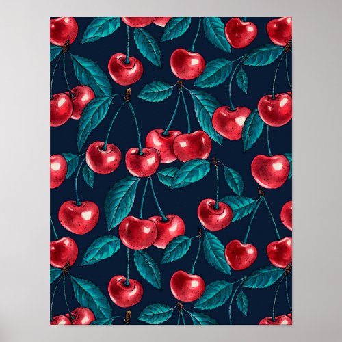 Red cherries on dark blue poster