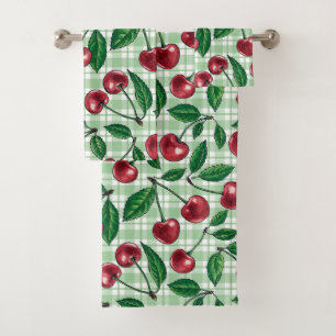 Red cherries on light green gingham bath towel set