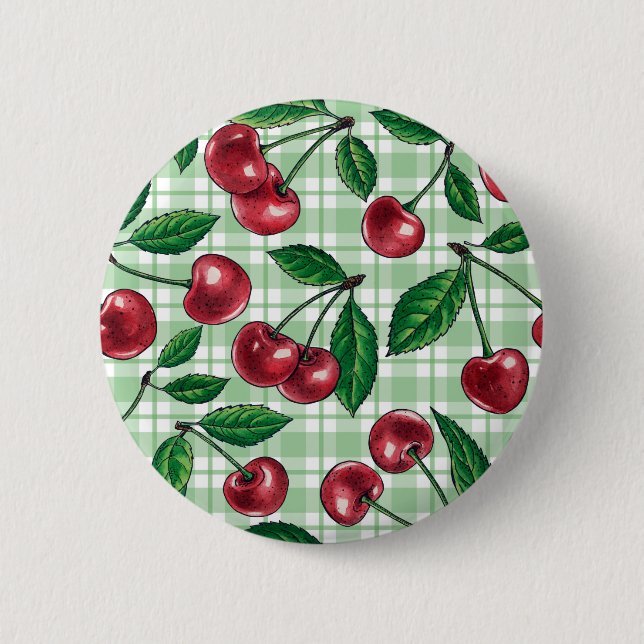 Red cherries on light green gingham button (Front)