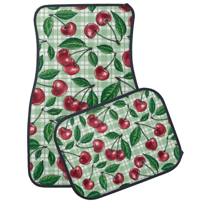 Red cherries on light green gingham car floor mat (Set)