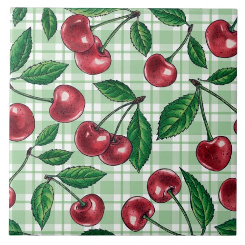 Red cherries on light green gingham ceramic tile