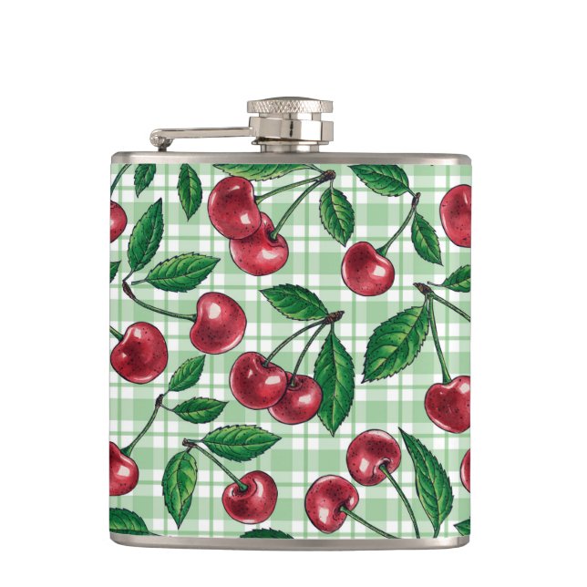Red cherries on light green gingham flask (Front)