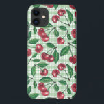 Red cherries on light green gingham iPhone 11 case<br><div class="desc">Hand painted cherry fruit,  watercolor and ink pattern</div>