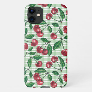 Red cherries on light green gingham iPhone 11 case