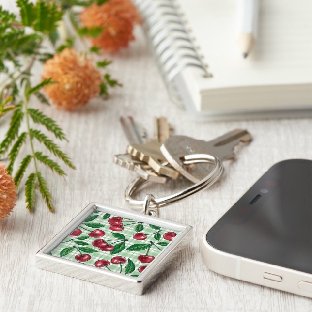 Red cherries on light green gingham keychain (Side)