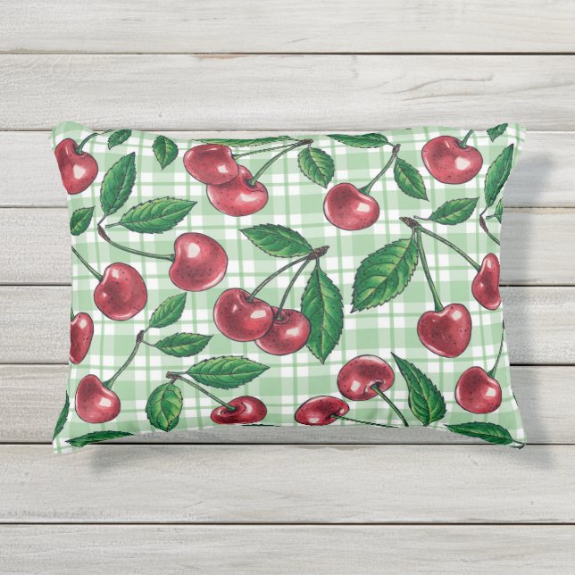 Red cherries on light green gingham outdoor pillow (Front)