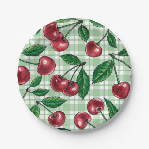Red cherries on light green gingham paper plates