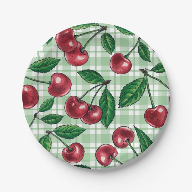Red cherries on light green gingham paper plates (Front)