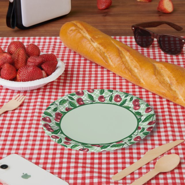 Red cherries on light green gingham paper plates (Picnic)