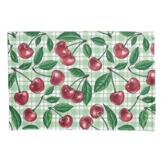 Red cherries on light green gingham pillow case (Front-Left)