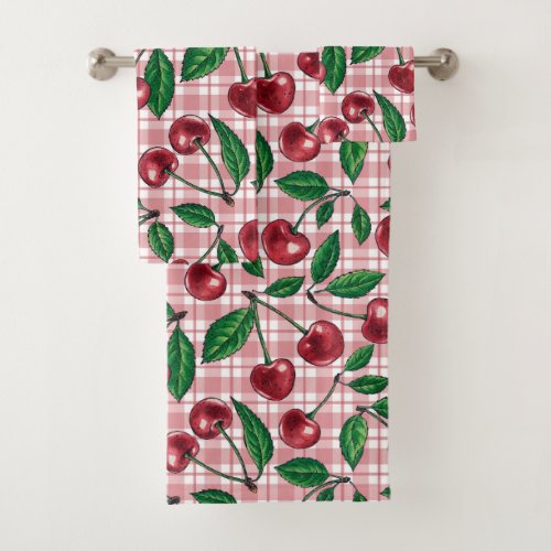 Red cherries on pink gingham bath towel set