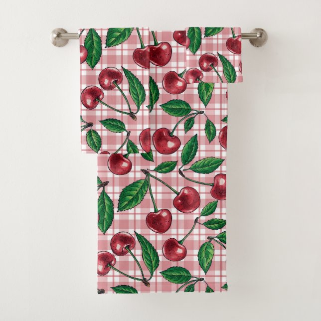 Red cherries on pink gingham bath towel set (Insitu)