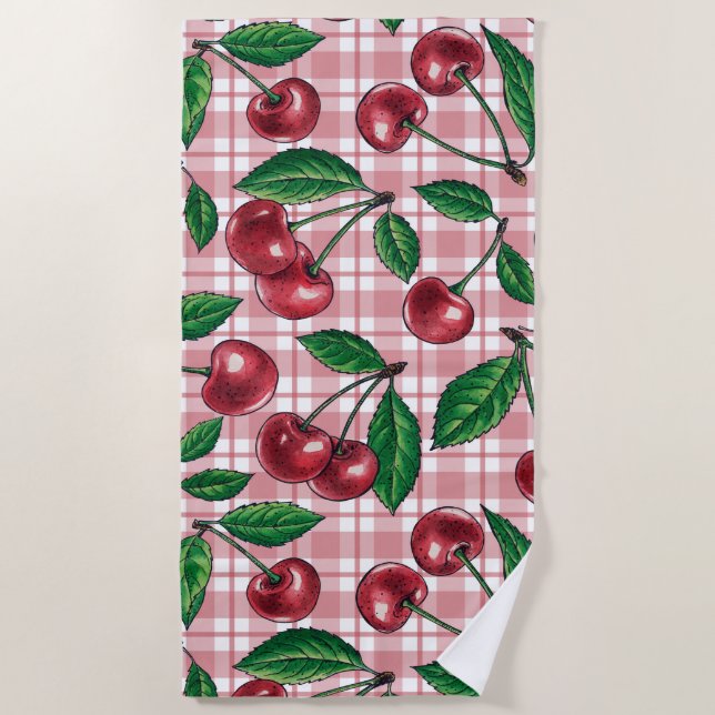 Red cherries on pink gingham beach towel (Front)