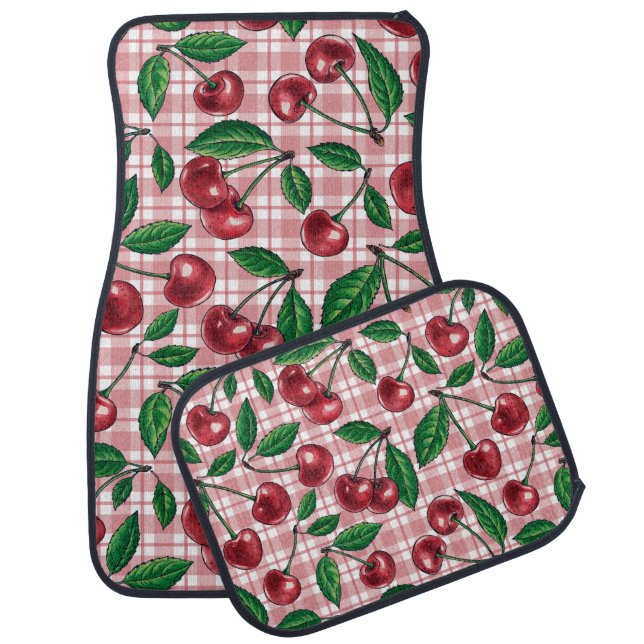 Red cherries on pink gingham car floor mat (Set)