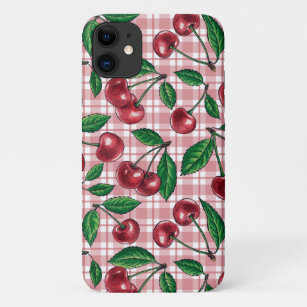Red cherries on pink gingham iPhone 11 case