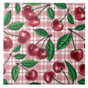 Red cherries on pink gingham ceramic tile